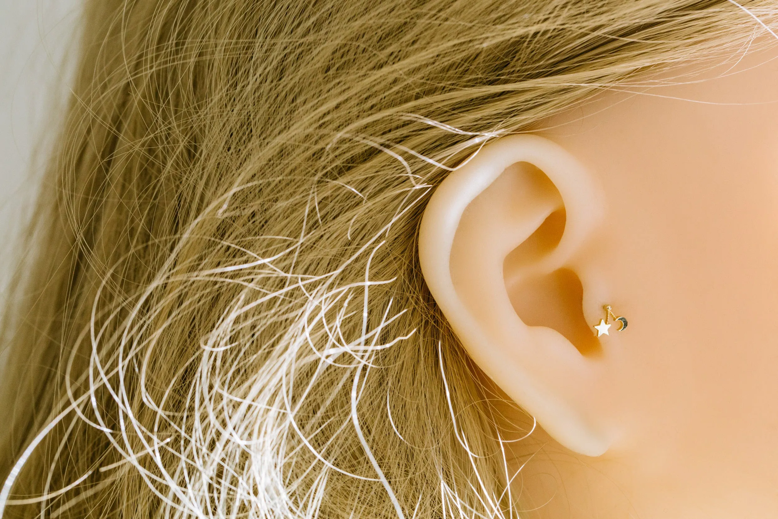 14k Gold Dangling Moon  Star Barbell Ear Stud Piercing