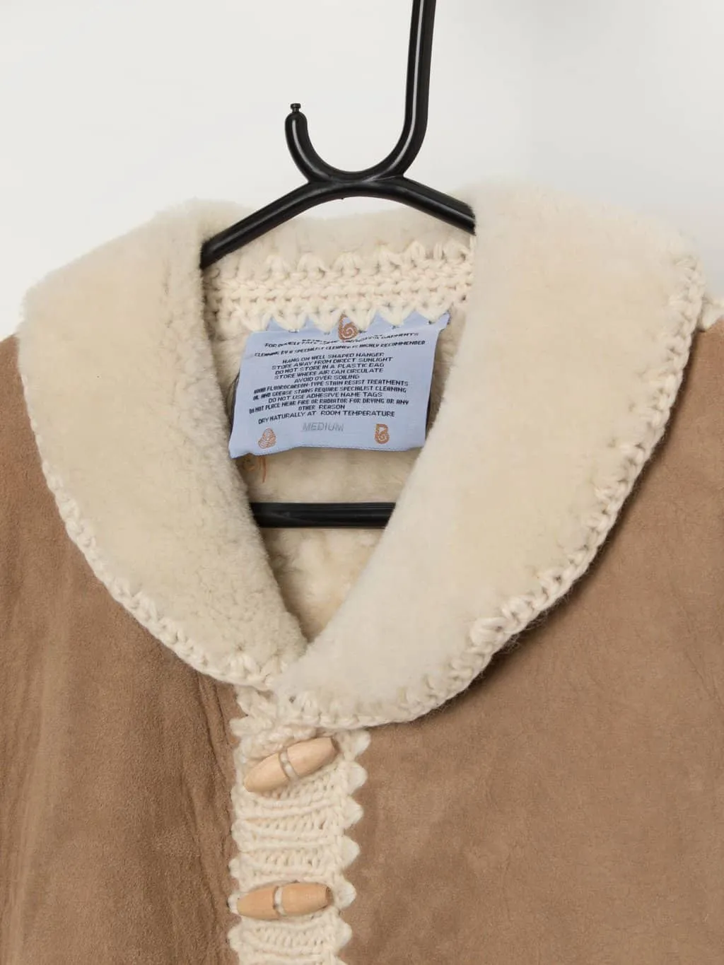 70s vintage shearling wool suede sweater jacket in brown and cream – Medium