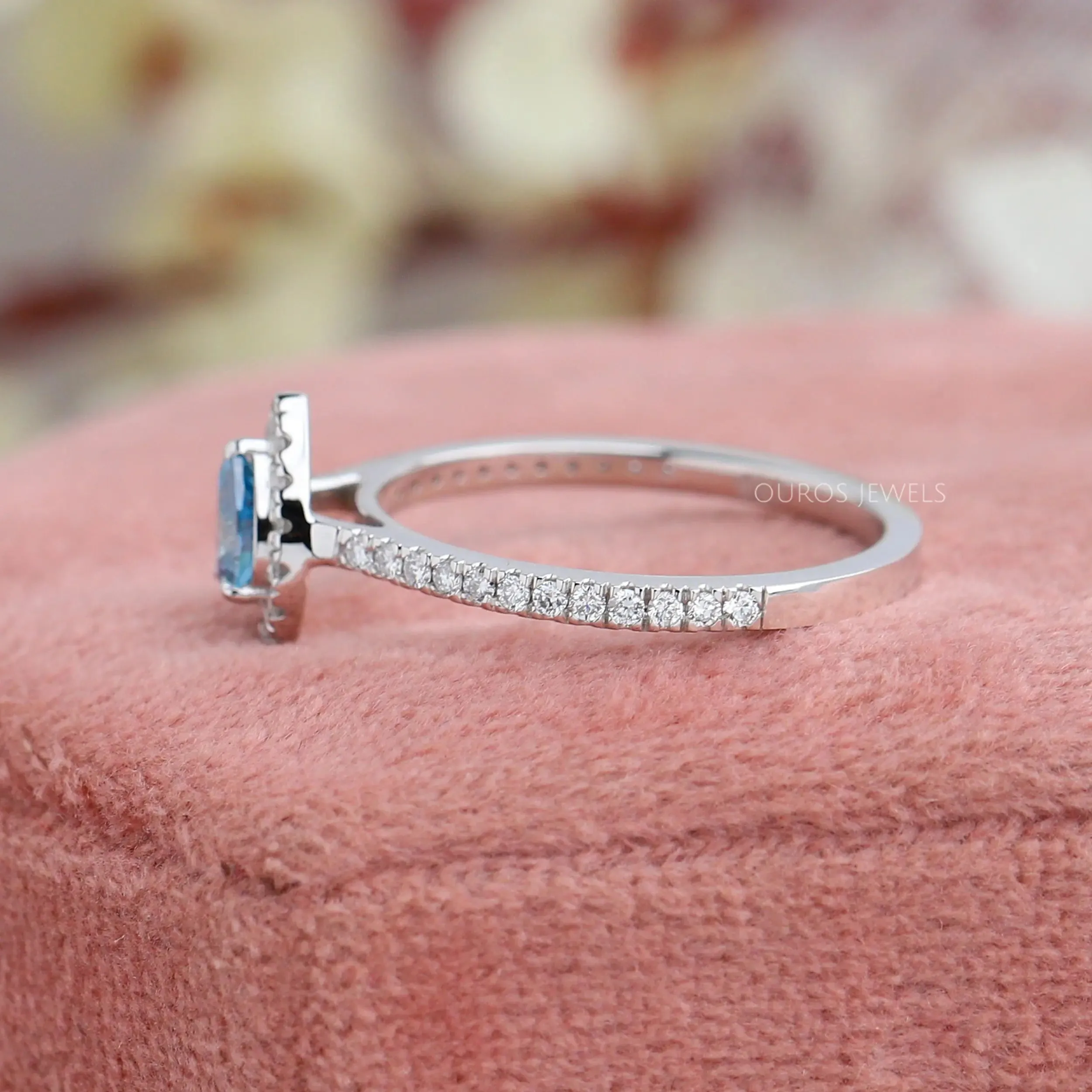 Blue Pear Cut Halo Diamond Engagement Ring