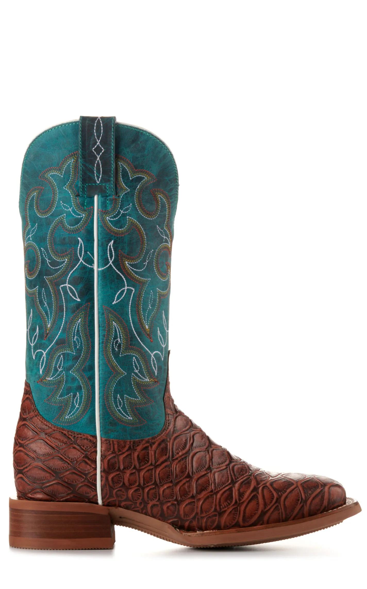 Cavender's Women's Intrepid Turquoise and Brown Baby Pirarucu Print Wide Square Toe Cowboy Boots