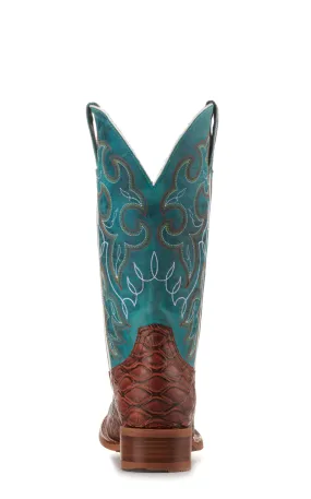 Cavender's Women's Intrepid Turquoise and Brown Baby Pirarucu Print Wide Square Toe Cowboy Boots