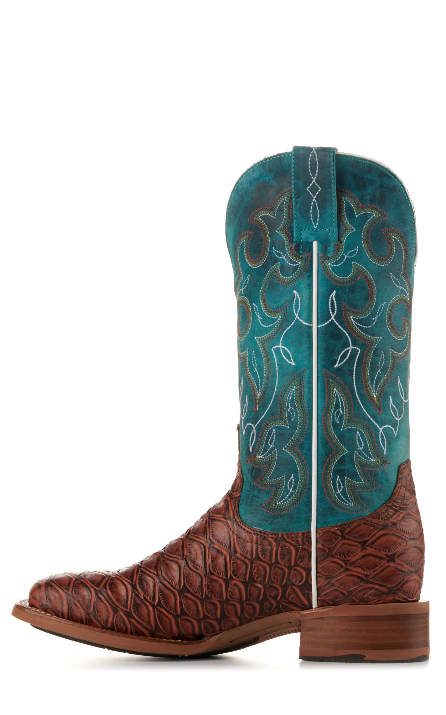 Cavender's Women's Intrepid Turquoise and Brown Baby Pirarucu Print Wide Square Toe Cowboy Boots