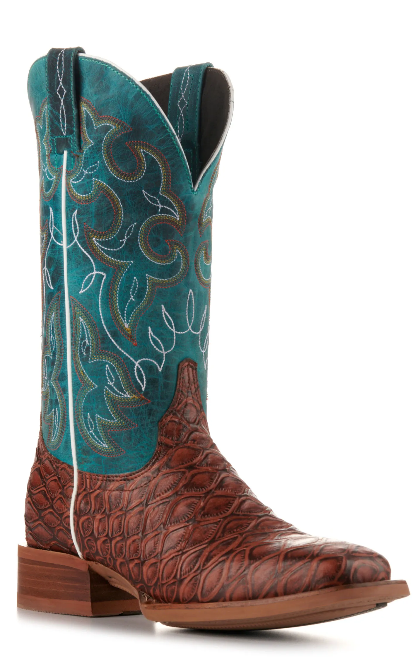 Cavender's Women's Intrepid Turquoise and Brown Baby Pirarucu Print Wide Square Toe Cowboy Boots