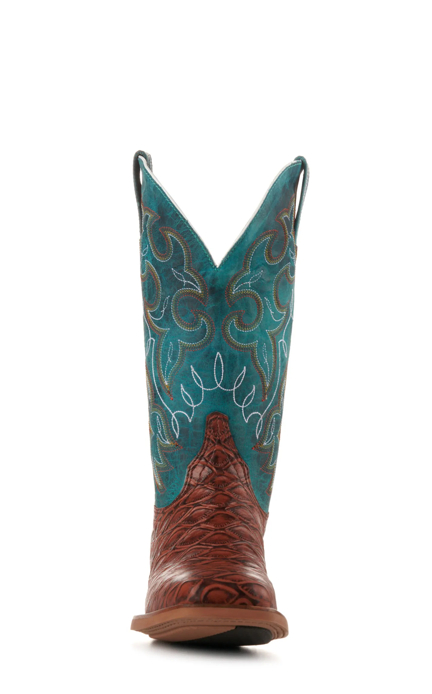 Cavender's Women's Intrepid Turquoise and Brown Baby Pirarucu Print Wide Square Toe Cowboy Boots