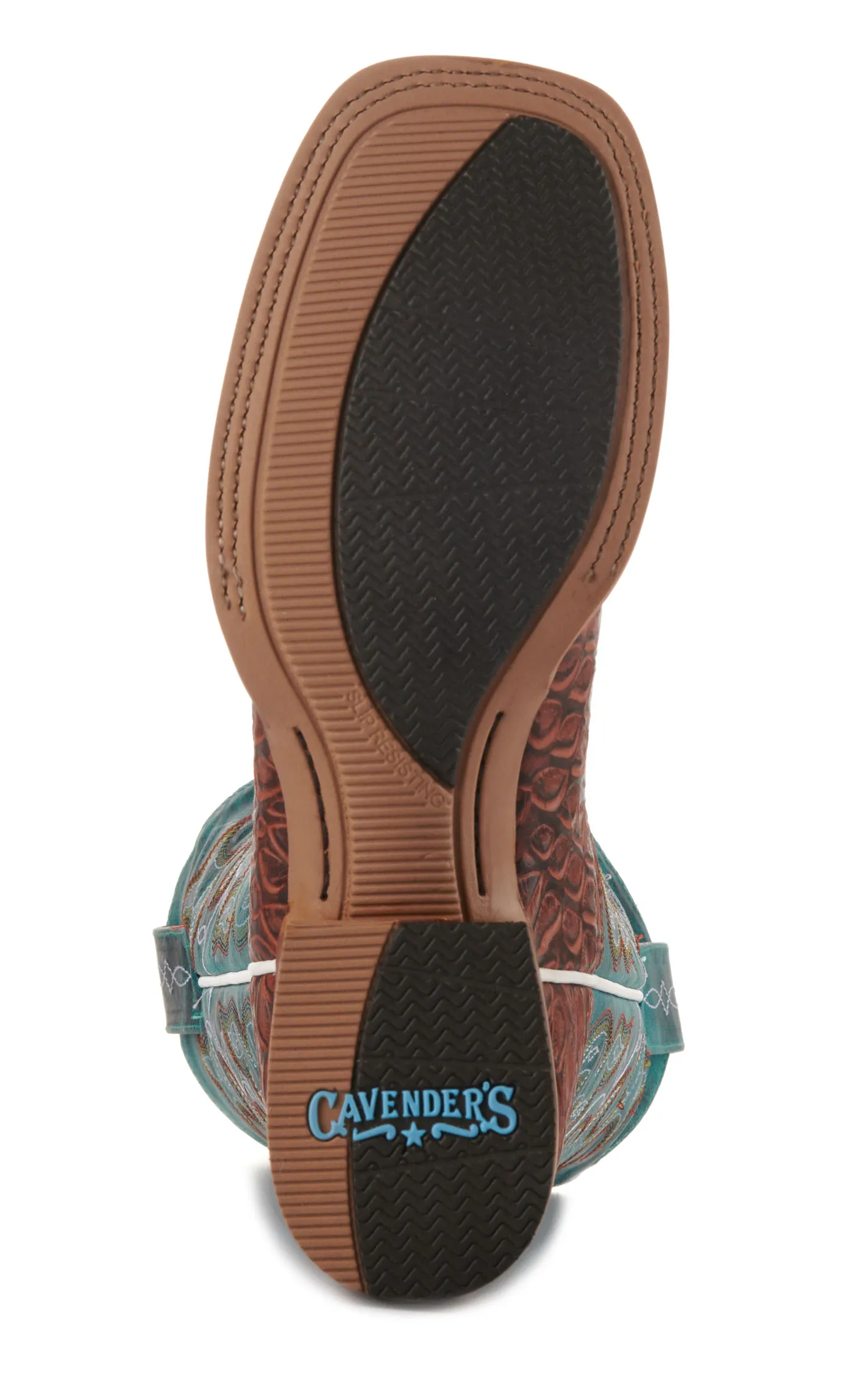 Cavender's Women's Intrepid Turquoise and Brown Baby Pirarucu Print Wide Square Toe Cowboy Boots