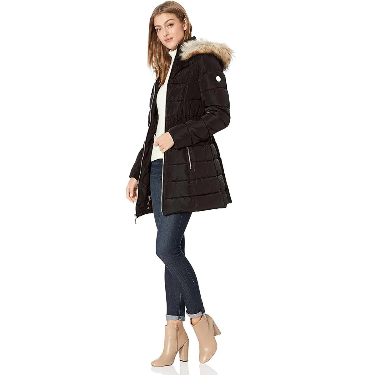 Cinch Waist Down Puffer Hooded Coat - Black