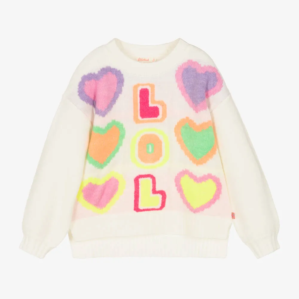 Girls Ivory Knitted Hearts Sweater