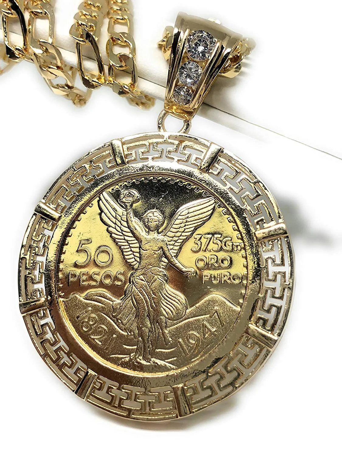 Gold Plated Coin Centenario Mexicano Moneda 50 Pesos Pendant Chain CZ Oro Cadena 26