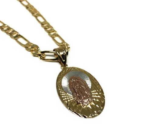 Gold Plated Small Tri-Color Virgin Mary Pendant with 26 Chain / Virgen De Guadalupe Tres Colores Medalla Cadena De 26” Oro Lamin