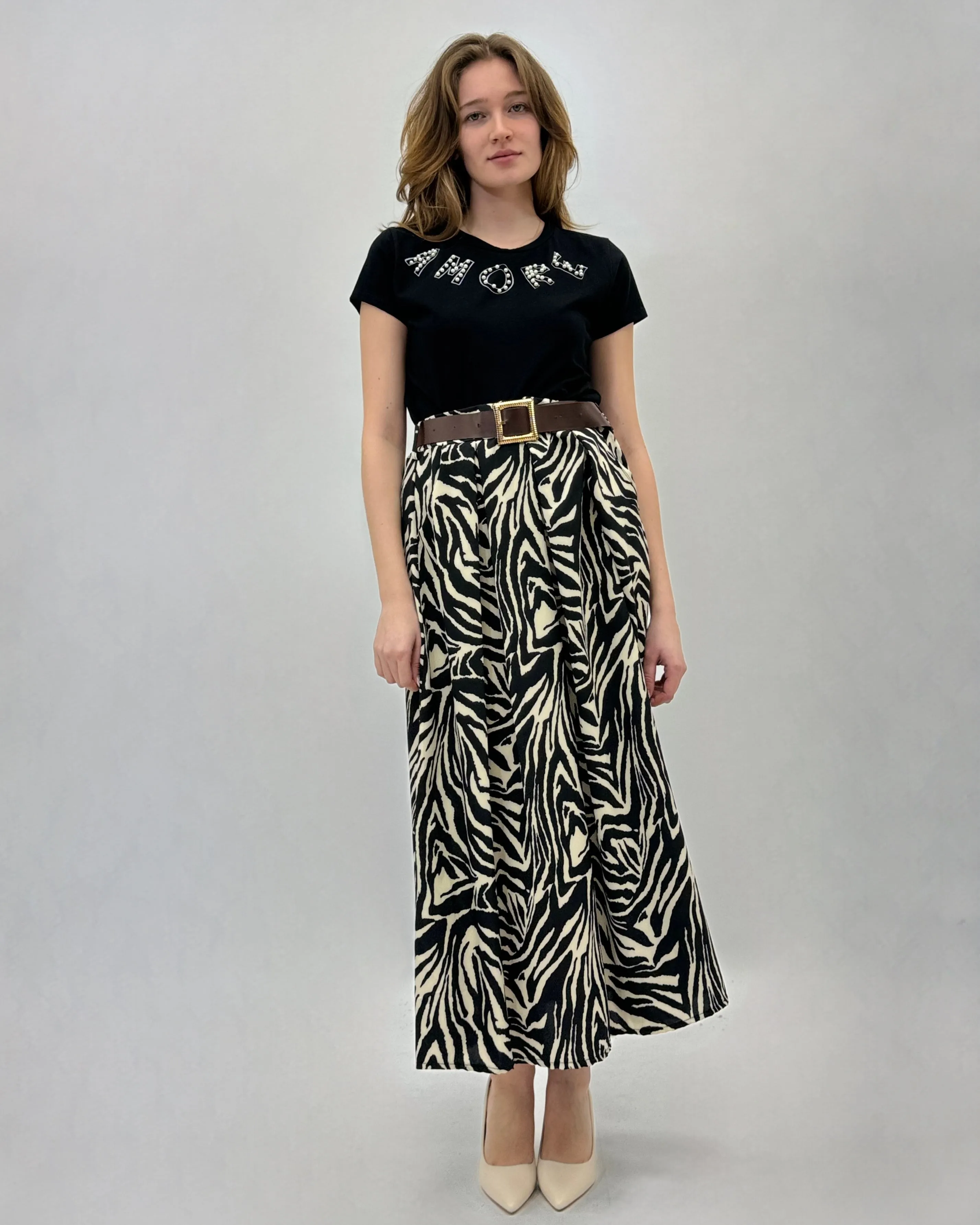 Gonna animalier con cintura e tasche