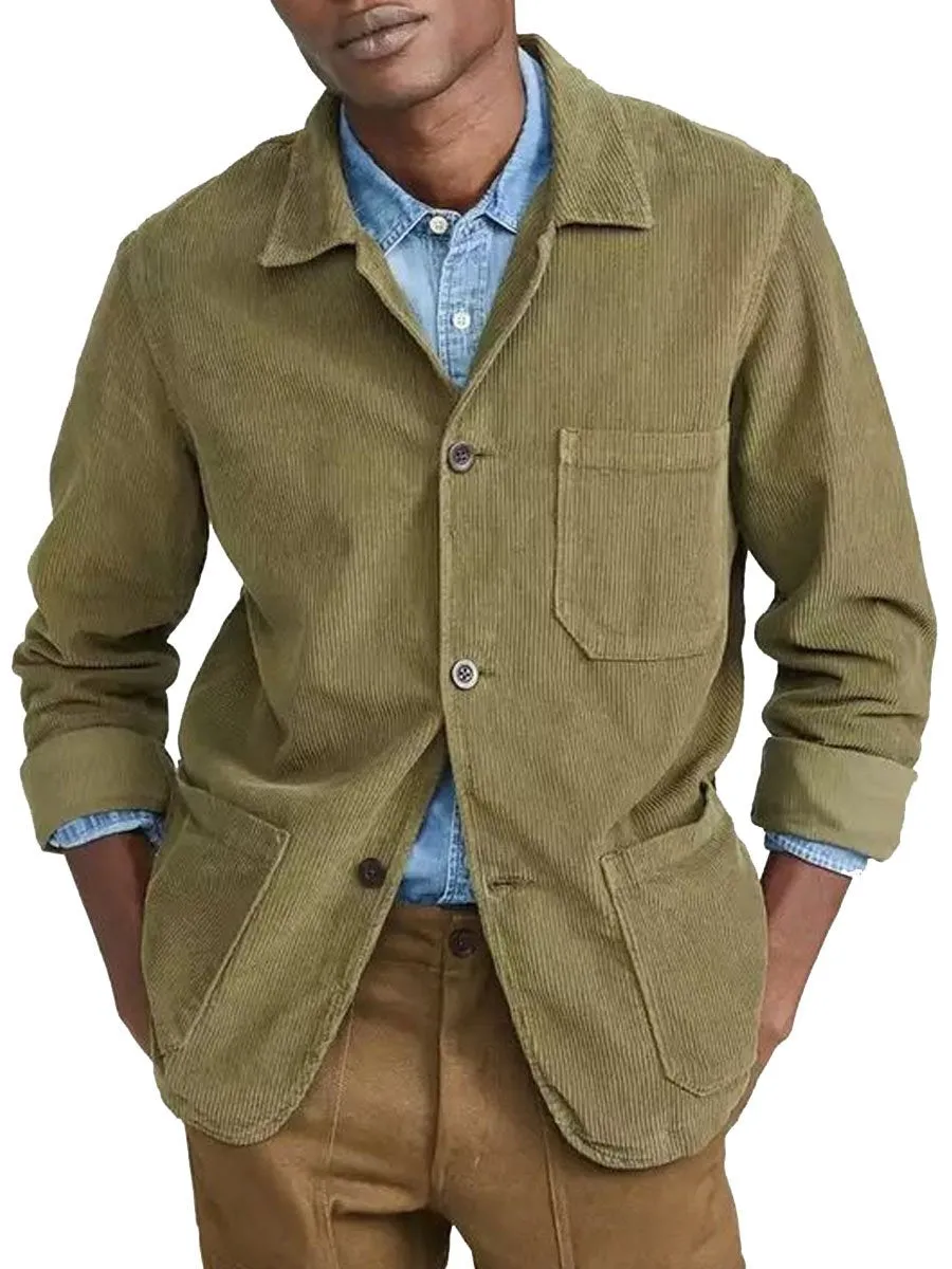 Lapel Single-Breasted 3-Pocket Casual Corduroy Jacket