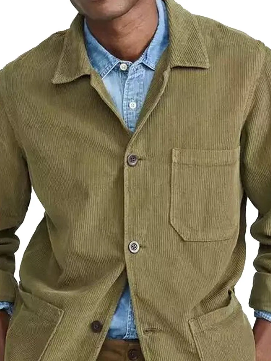 Lapel Single-Breasted 3-Pocket Casual Corduroy Jacket