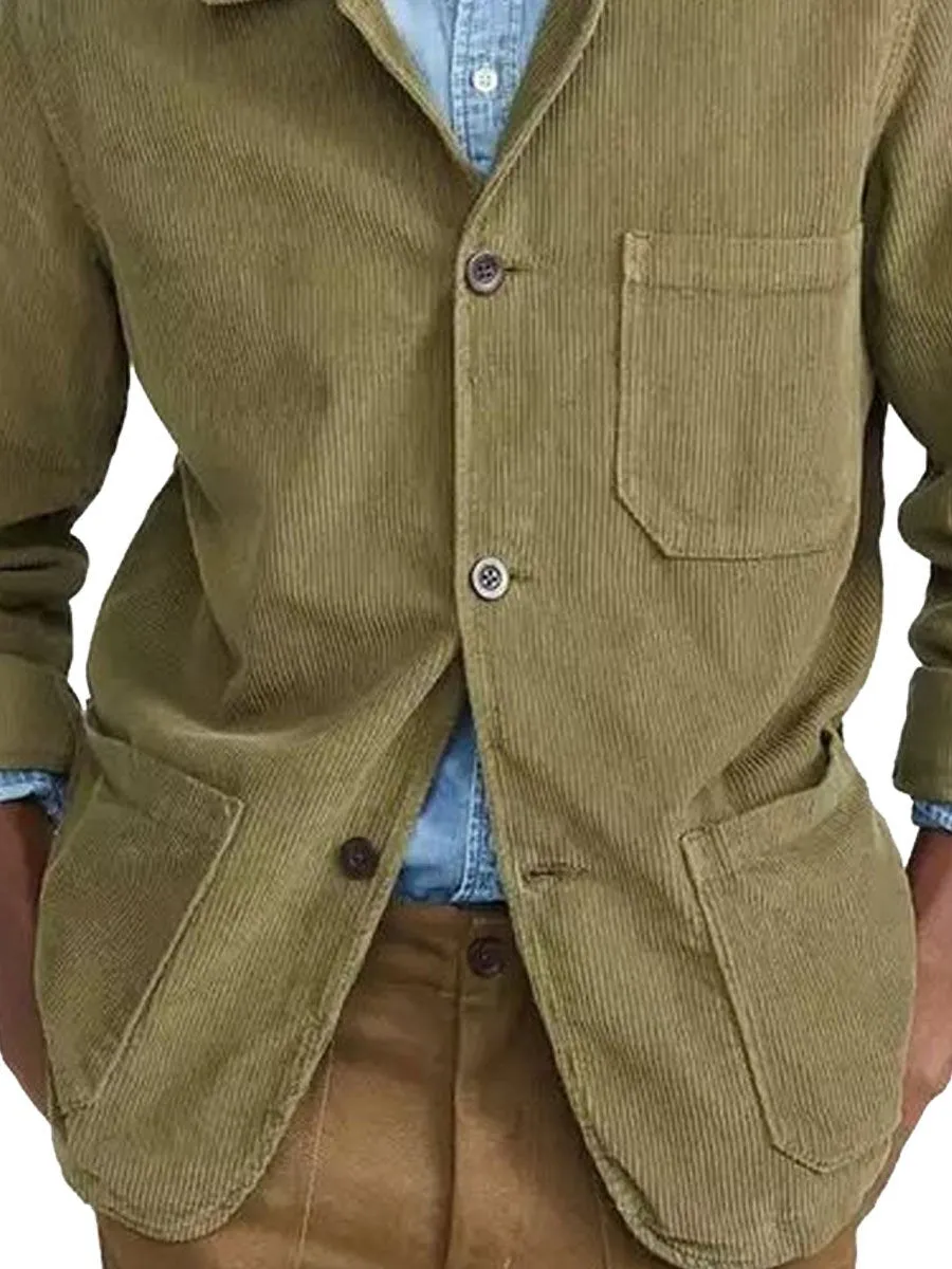 Lapel Single-Breasted 3-Pocket Casual Corduroy Jacket