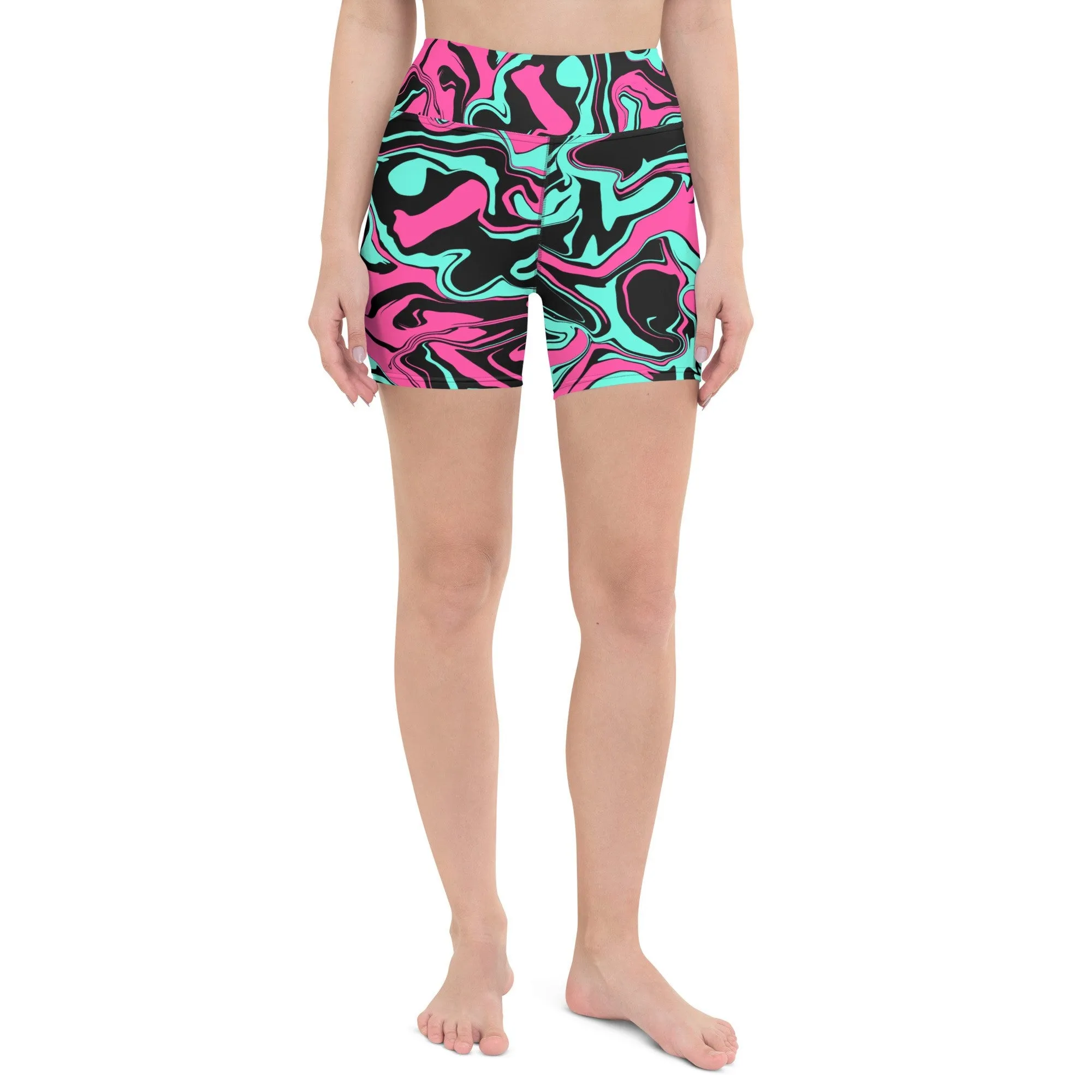 Pink Turquoise and Black Abstract Melt Rave Ready Yoga Shorts w/ Inside Pocket