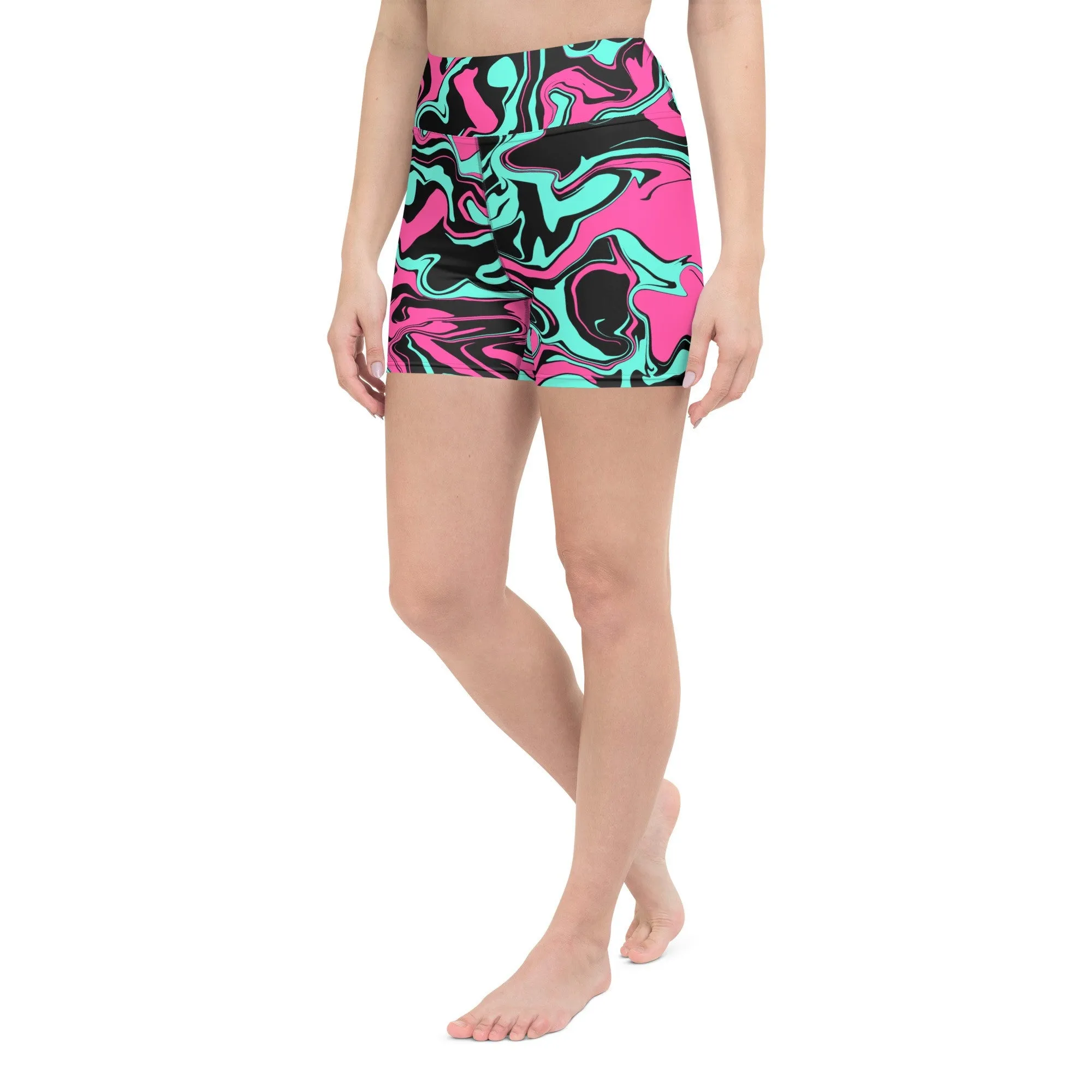 Pink Turquoise and Black Abstract Melt Rave Ready Yoga Shorts w/ Inside Pocket