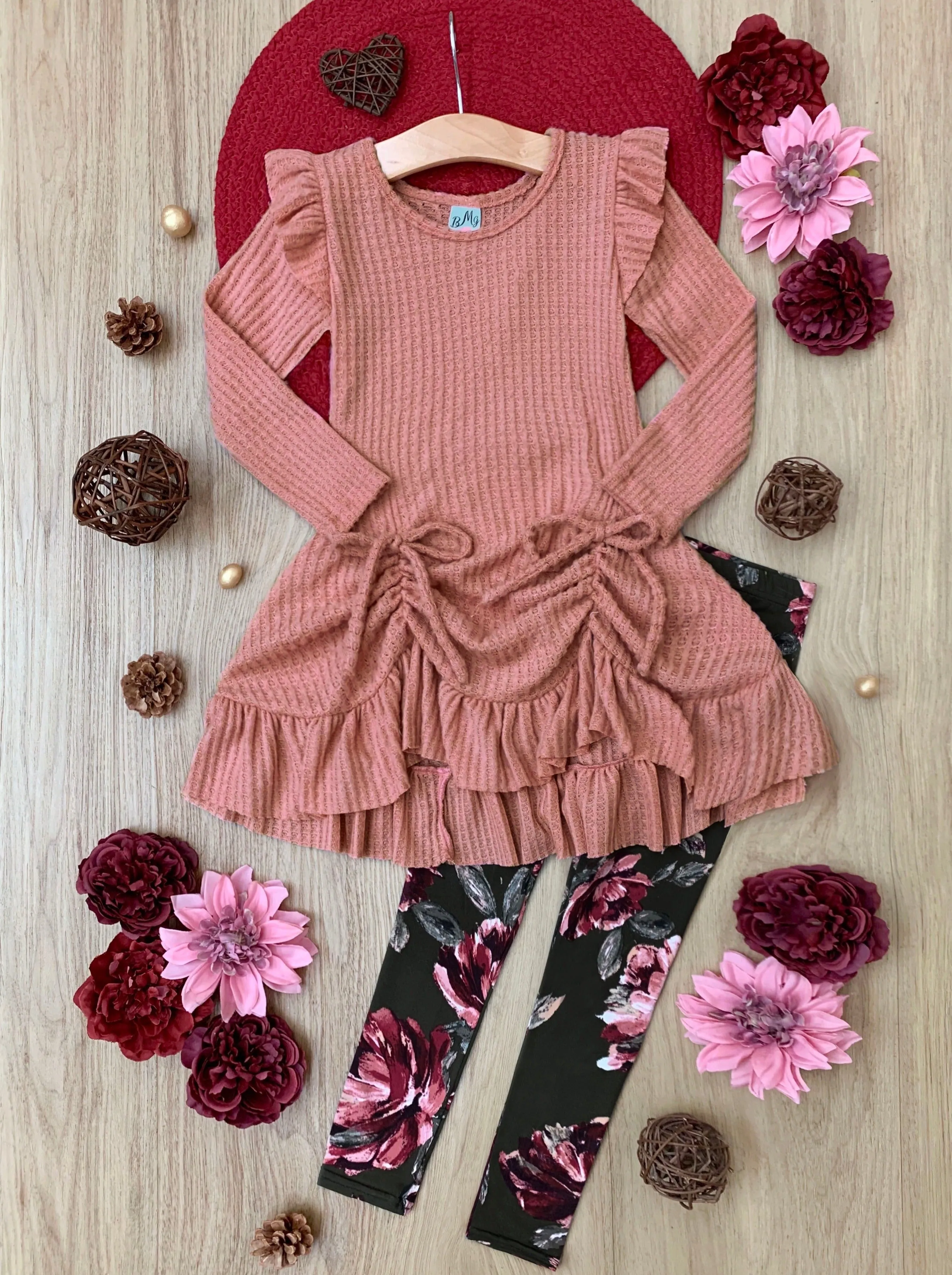 Pretty Peach Waffle Knit Tunic And Floral Legging Set