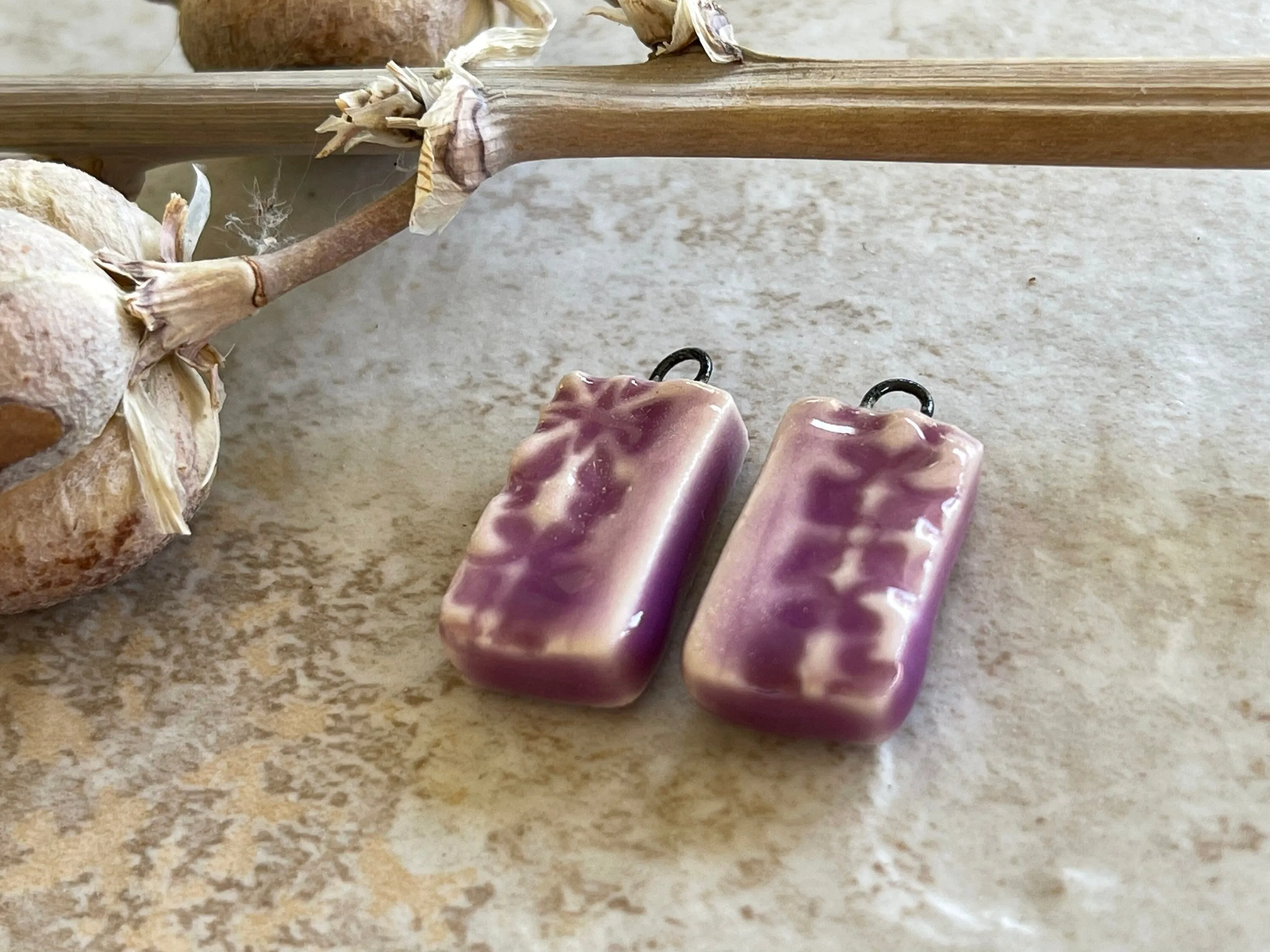 Purple Earring Beads, Porcelain Beads, Tuscan Texture, Ceramic Charms, Jewelry Making Components, DIY Earring