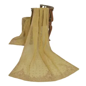 Sanskriti Vintage Cream Long Dupatta Stole Net Mesh Veil Hand Beaded Scarves