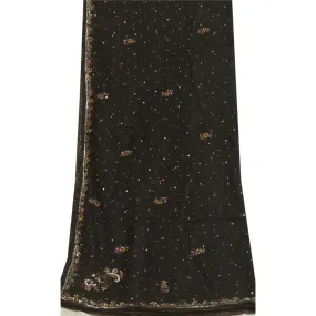 Sanskriti Vintage Long Black Dupatta/Stole Pure Chiffon Silk Hand Beaded Scarves