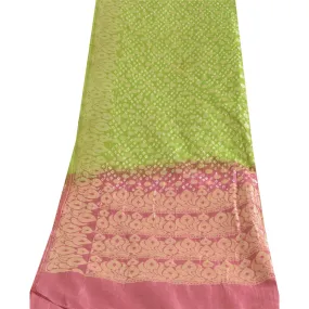 Sanskriti Vintage Long Dupatta Stole Pure Silk Green/Pink Bandhani Woven Scarves