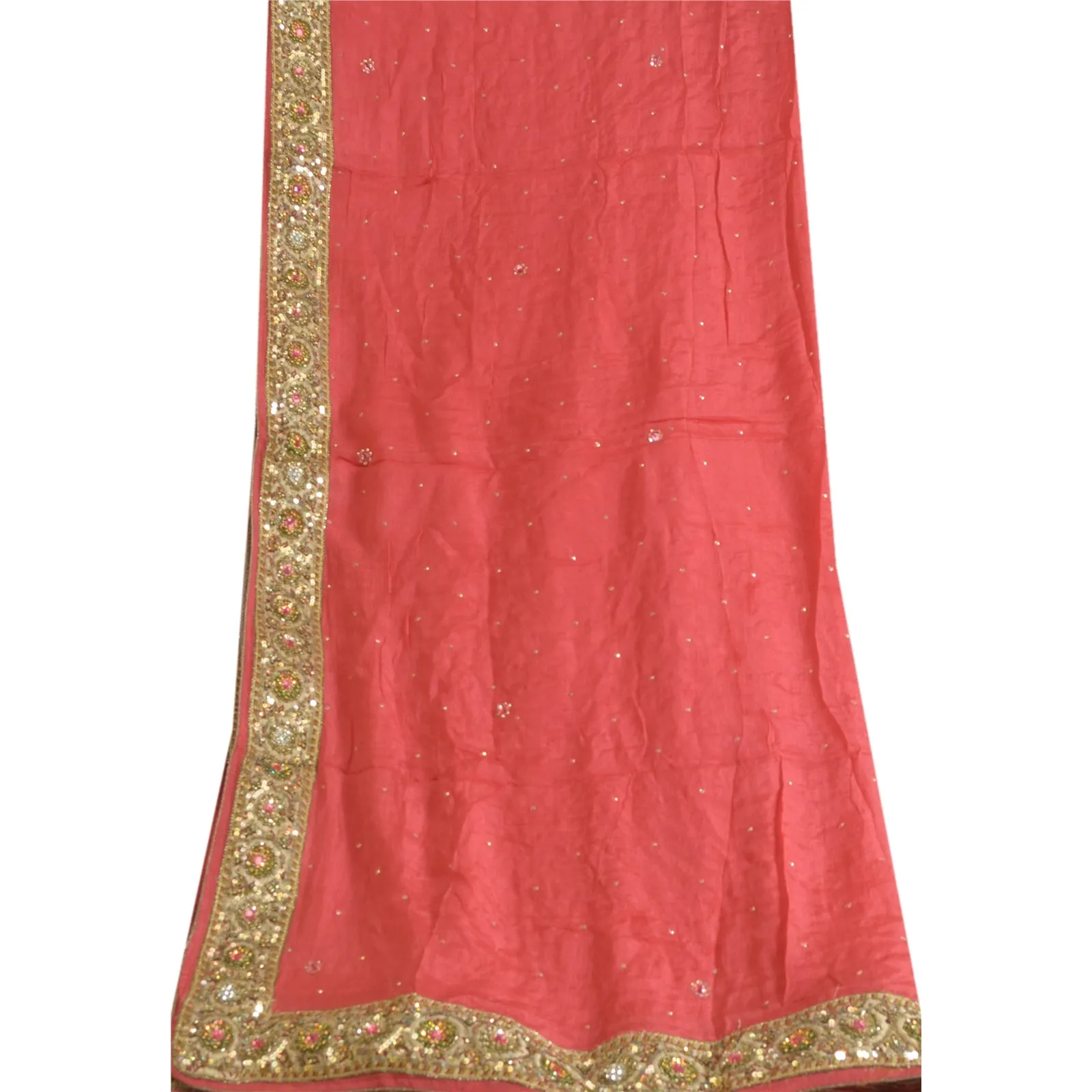 Sanskriti Vintage Long Dupatta Stole Pure Silk Peach Veil Hand Beaded Scarves