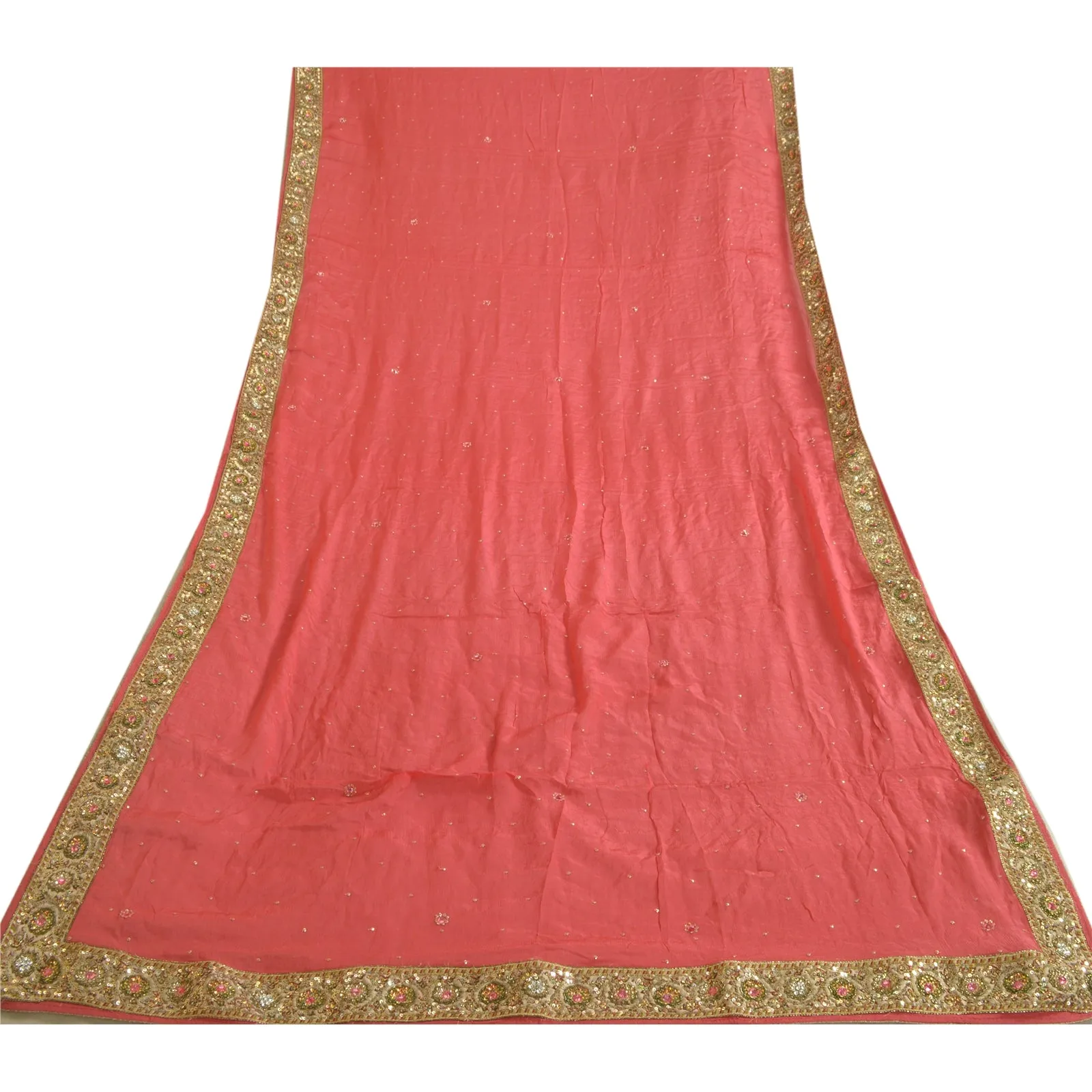 Sanskriti Vintage Long Dupatta Stole Pure Silk Peach Veil Hand Beaded Scarves