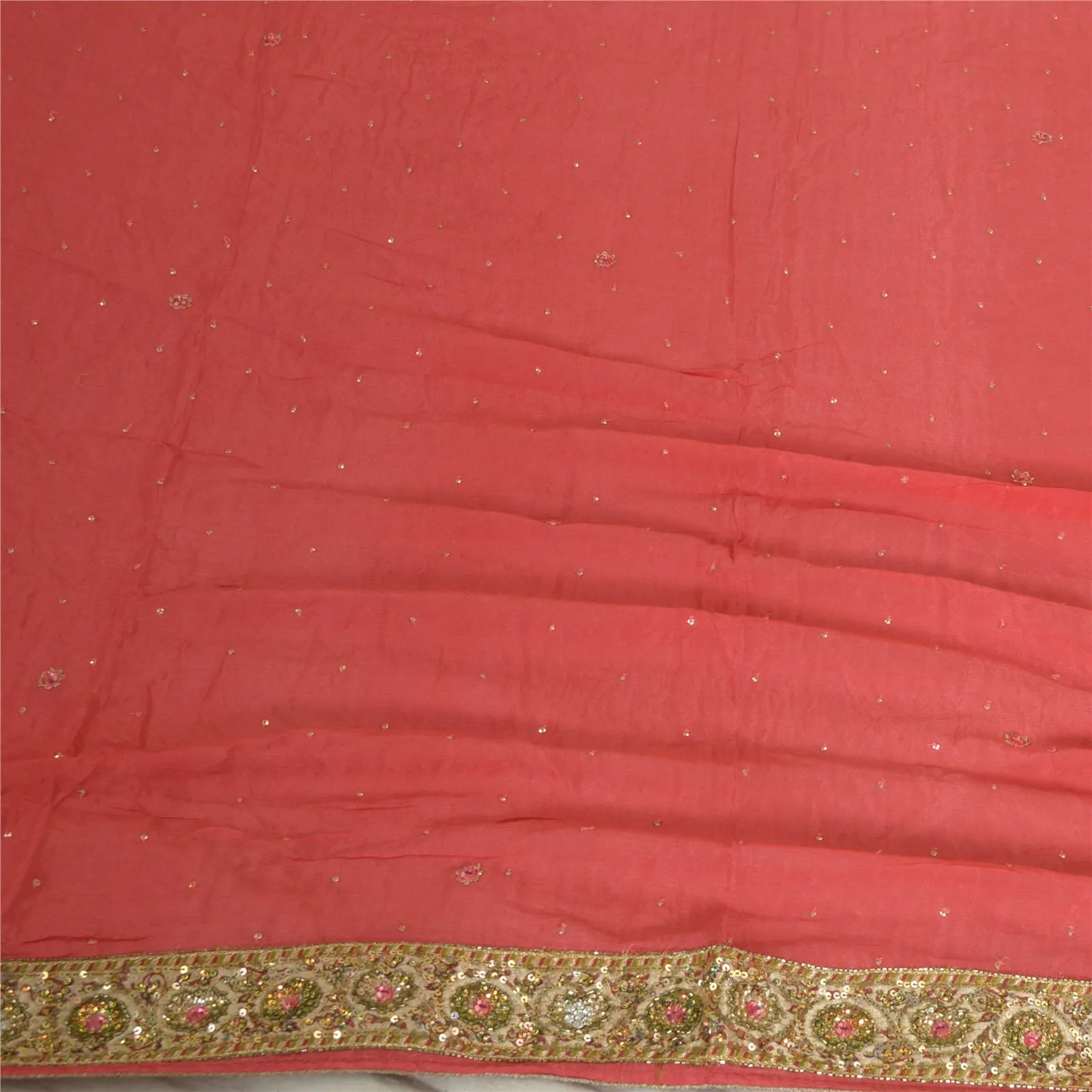 Sanskriti Vintage Long Dupatta Stole Pure Silk Peach Veil Hand Beaded Scarves