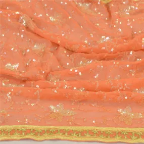 Sanskriti Vintage Peach Long Dupatta Stole Georgette Hand Beaded Scarves