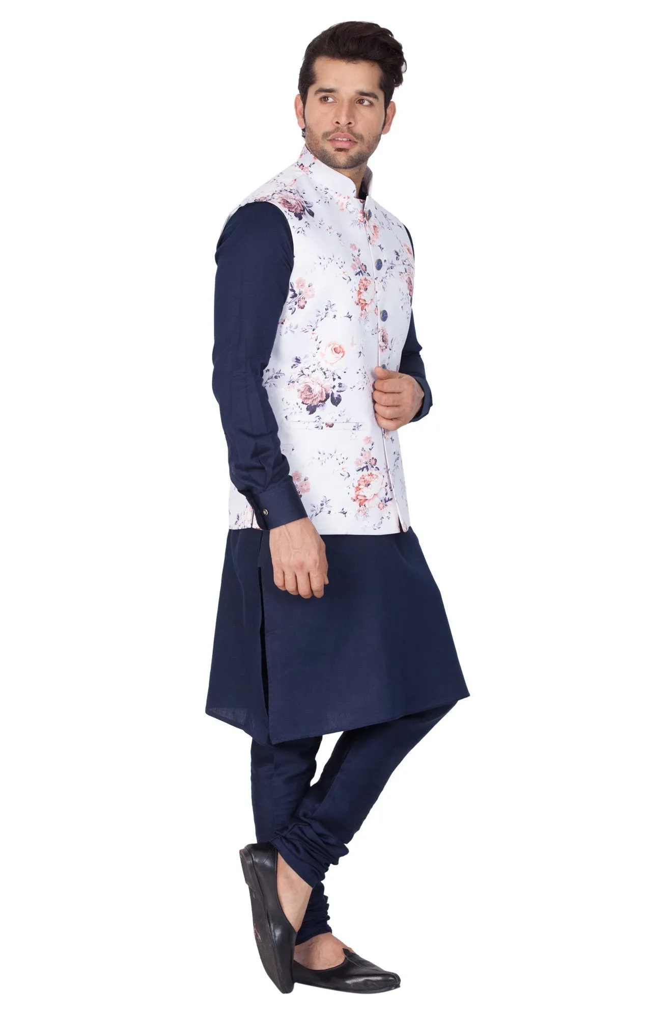 VASTRAMAY Men's Blue Cotton Blend Kurta, Ethnic Jacket and Pyjama Set