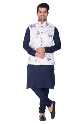 VASTRAMAY Men's Blue Cotton Blend Kurta, Ethnic Jacket and Pyjama Set