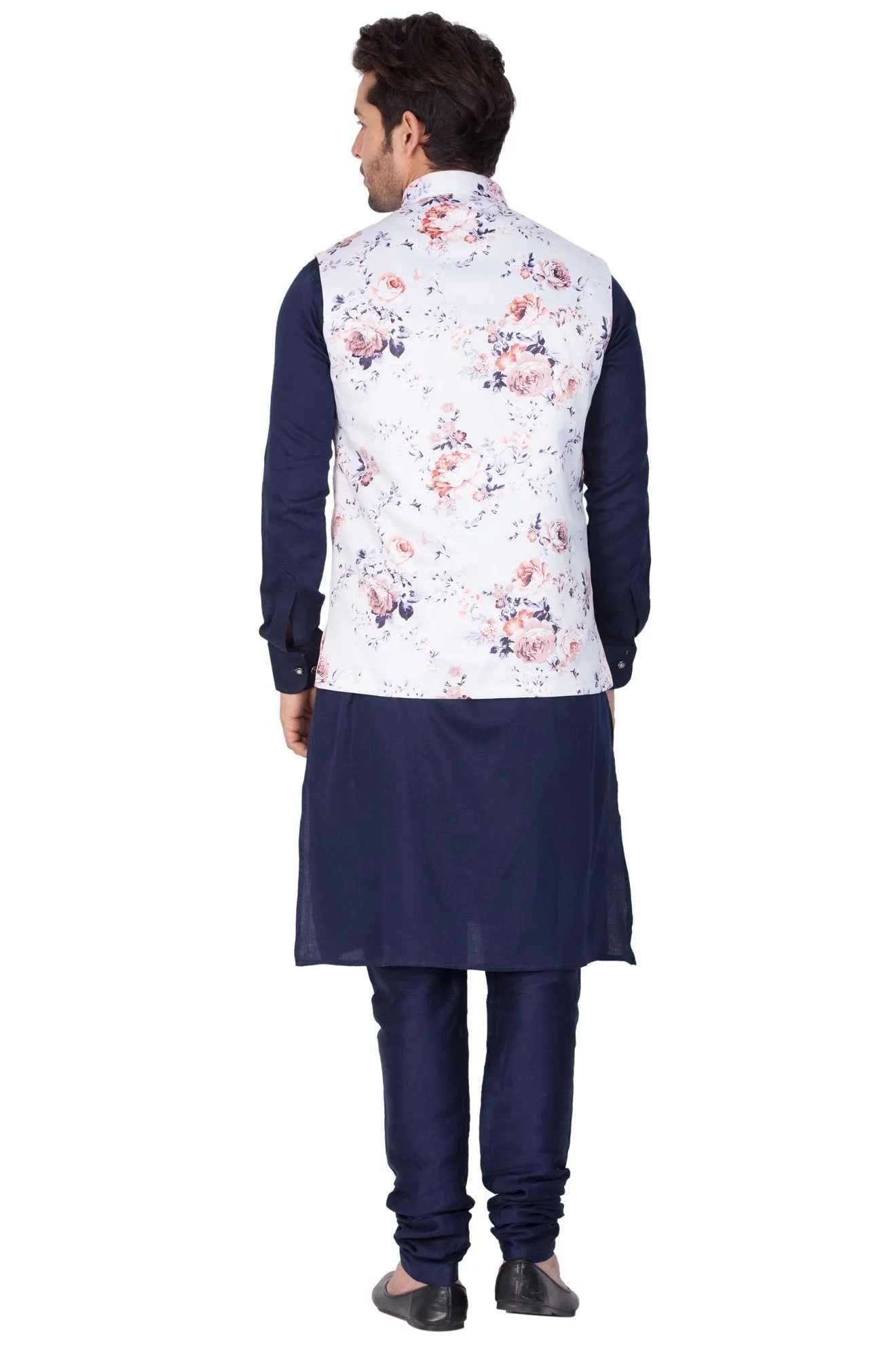 VASTRAMAY Men's Blue Cotton Blend Kurta, Ethnic Jacket and Pyjama Set