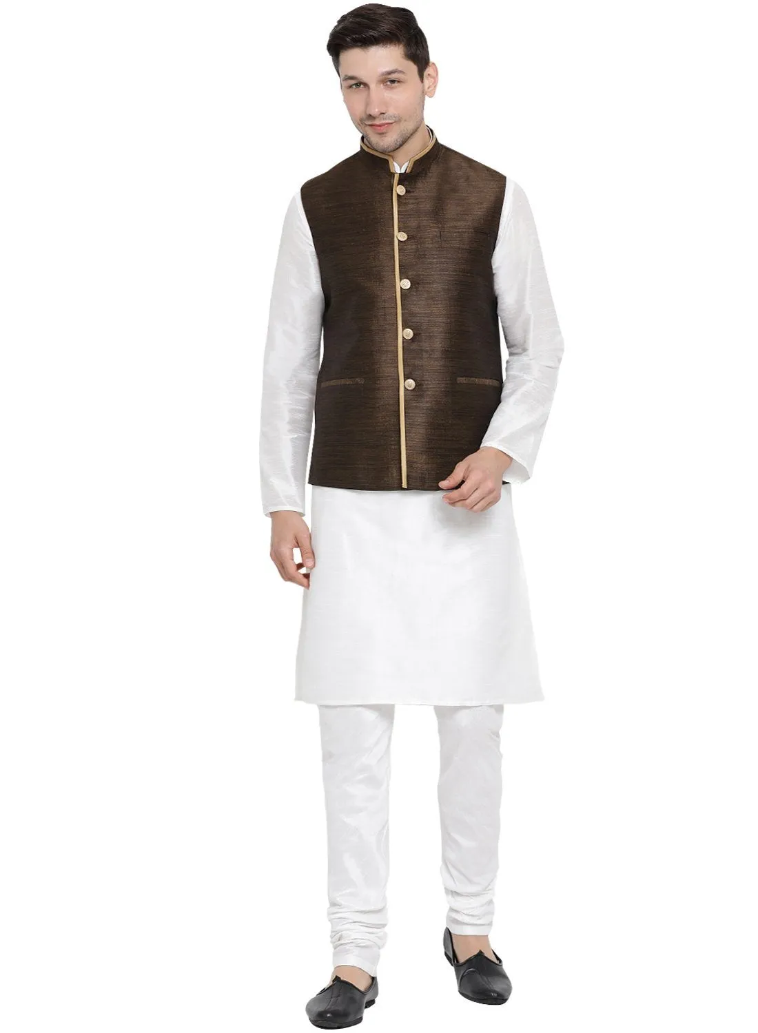 VASTRAMAY Men's White Cotton Silk Blend Kurta, Ethnic Jacket and Pyjama Set