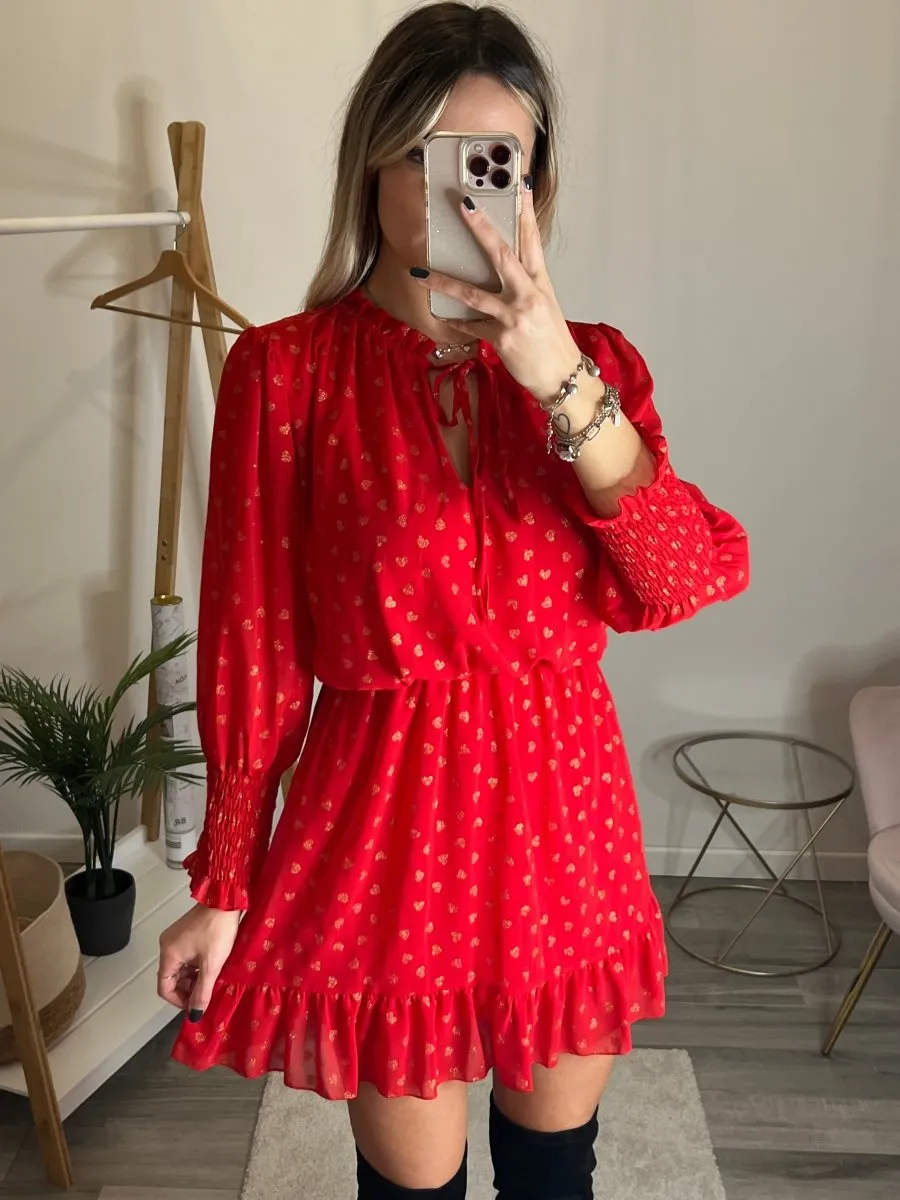 Vestitino rosso velato con cuori oro glitterati