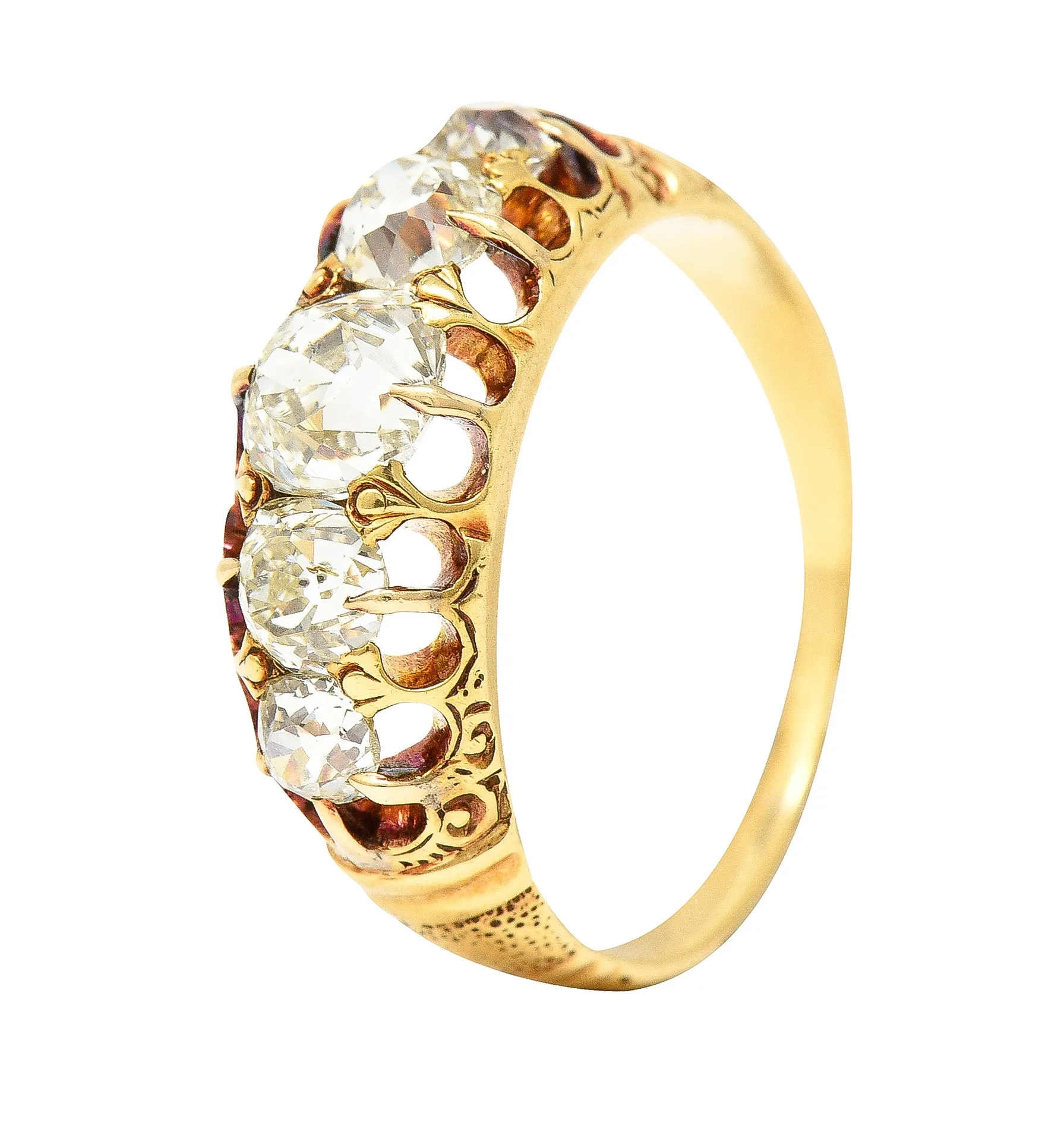 Victorian 1.40 CTW Old Mine Cut Diamond 18 Karat Yellow Gold Belcher Crescent Antique Five Stone Band Ring