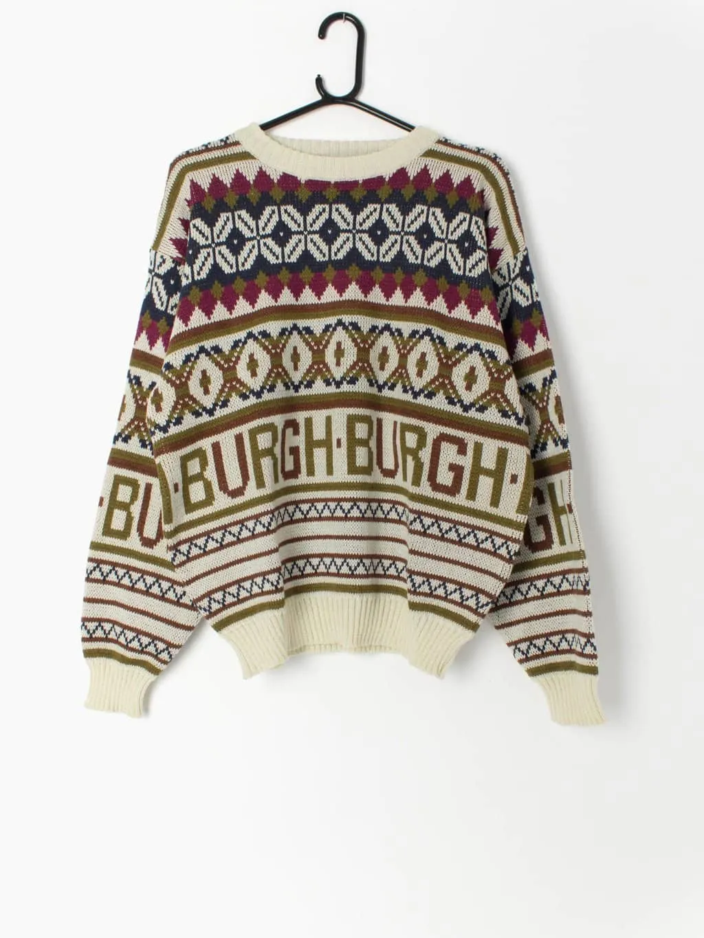 Vintage Burgh Scott sweater with spellout fair isle pattern – Medium / Large