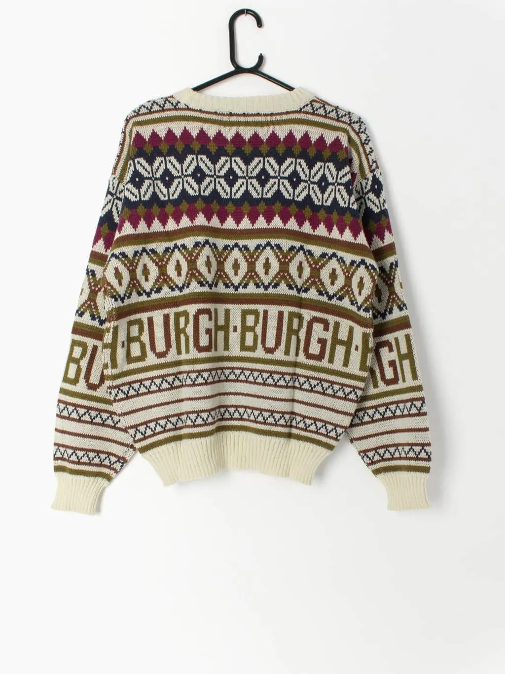 Vintage Burgh Scott sweater with spellout fair isle pattern – Medium / Large