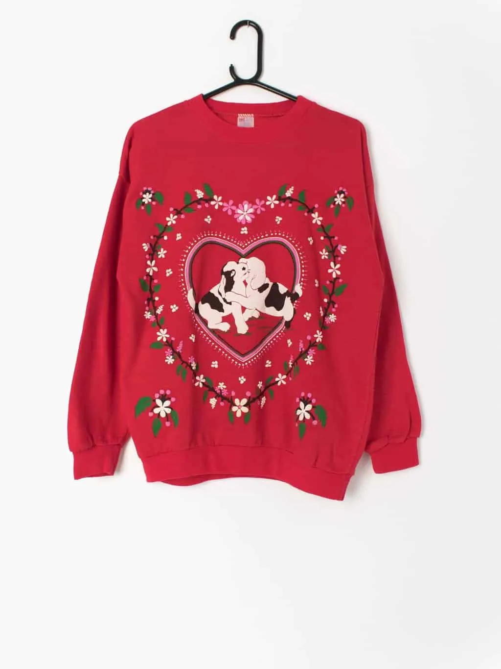 Vintage Christmas Valentines puppy love sweater with love hearts. Made in England 1980s – Medium