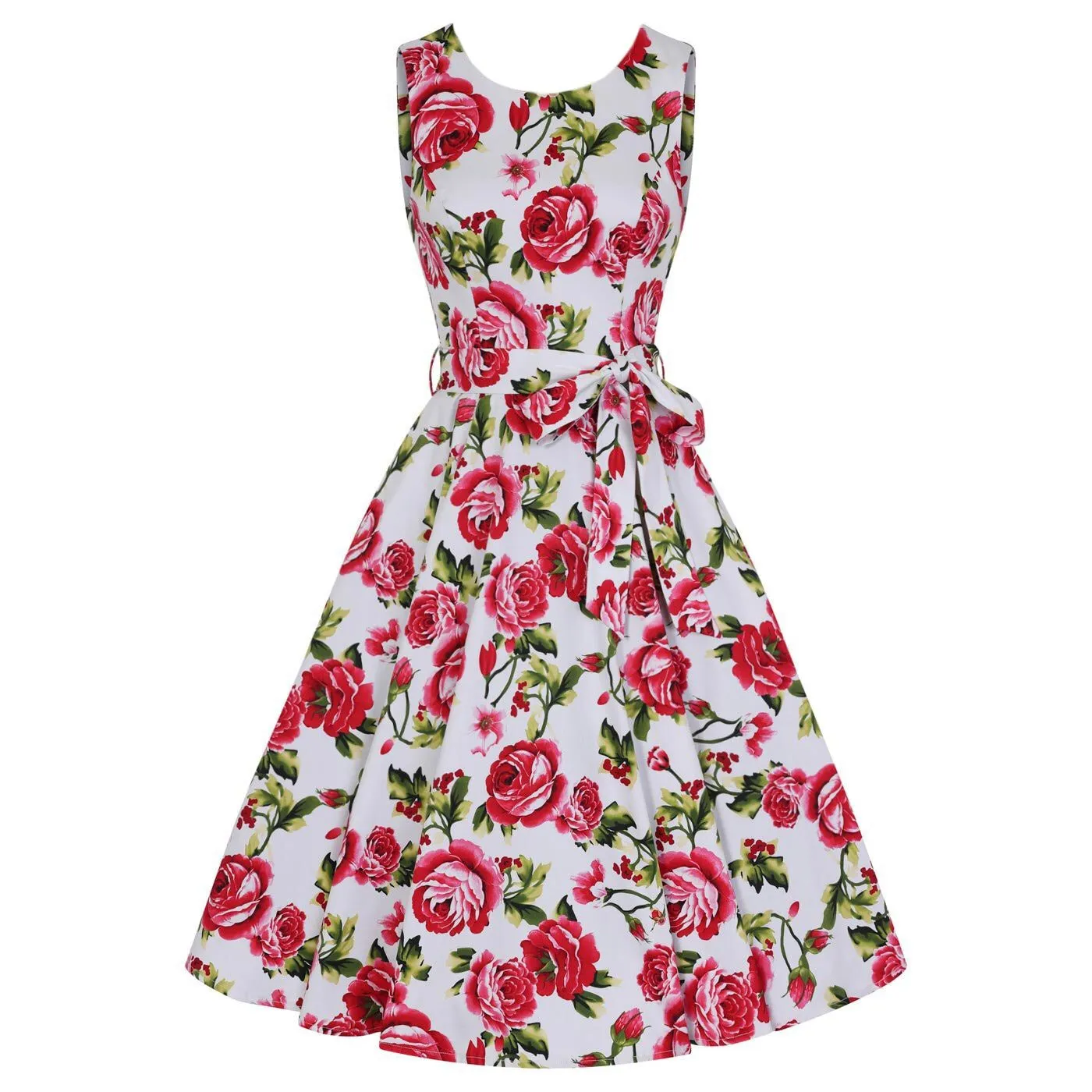 White and Pink Rose Floral Print Audrey 50s Summer Swing Dress