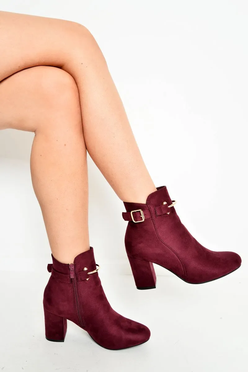 Wine Faux Suede Gold Buckle Detail Ankle Boots - Jynelle