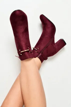 Wine Faux Suede Gold Buckle Detail Ankle Boots - Jynelle