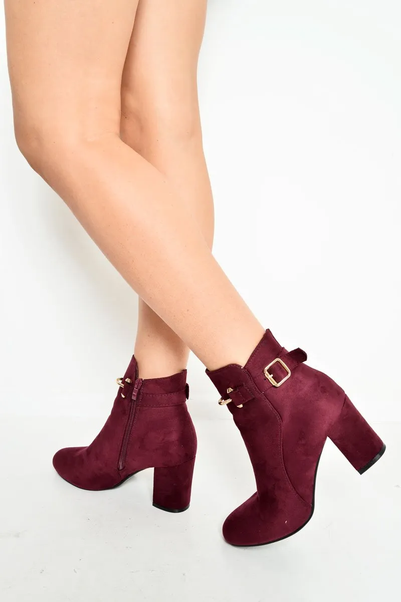 Wine Faux Suede Gold Buckle Detail Ankle Boots - Jynelle