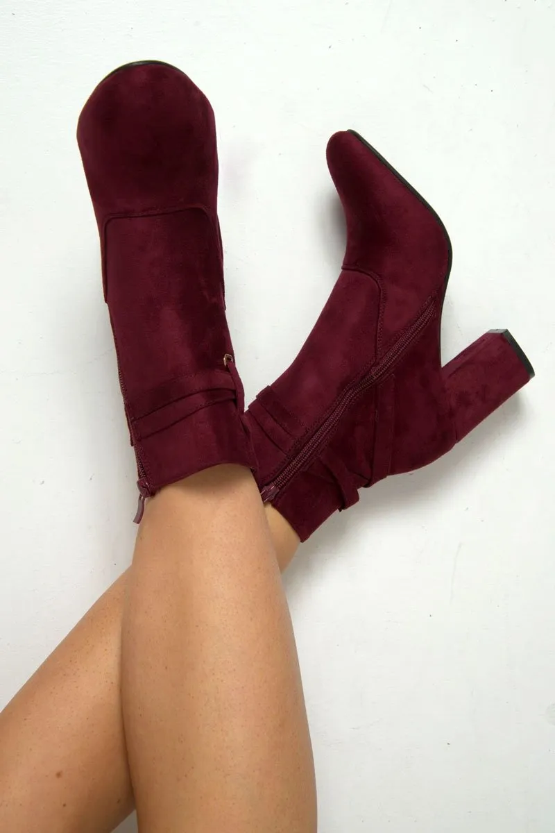 Wine Faux Suede Strap Detail Buckle Ankle Boots - Sabryna