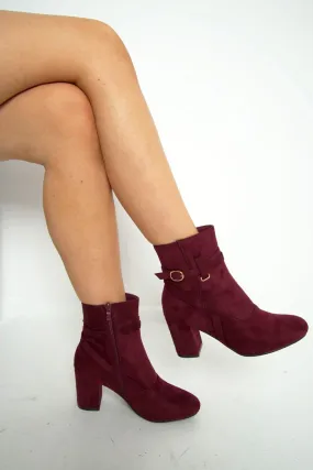 Wine Faux Suede Strap Detail Buckle Ankle Boots - Sabryna