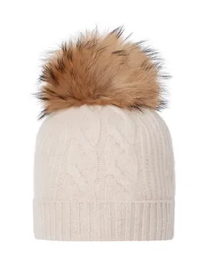 Women's Cable Cashmere Hat With Fur Pom Heather Beige Brown