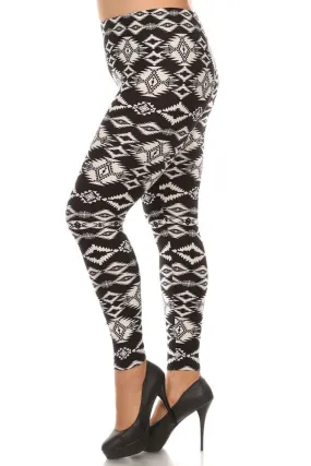 Women's Plus American Indian Tribal Pattern Print Leggings - Black White