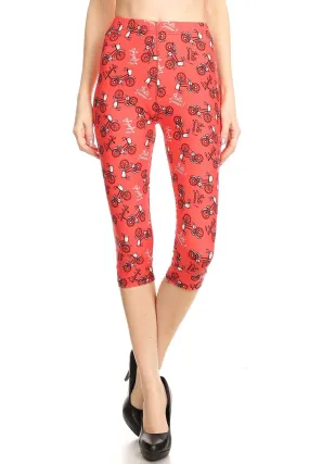 Women's Regular Bicycle in Coral Lifestyle Printed Cropped Capri Leggings